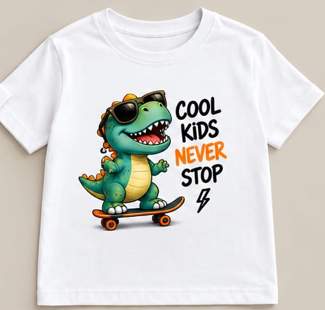 Tricou personalizat copii – Cool Kids Never Stop, dinozaur pe skateboard