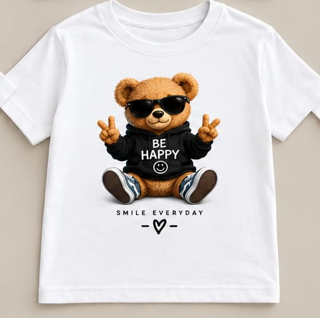 Tricou personalizat copii – Be Happy, ursuleț cu ochelari de soare