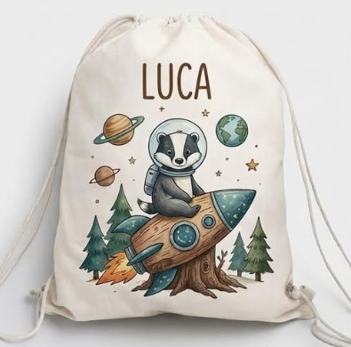 Săculeț personalizat cu bursuc astronaut și nume
