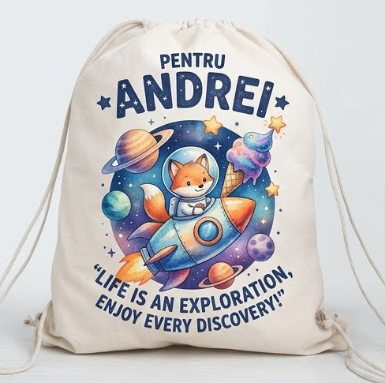Săculeț personalizat cu vulpiță astronaut și mesaj