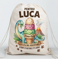 Săculeț personalizat cu dinozaur, ouă colorate și mesaj