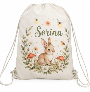 Săculeț personalizat cu iepuraș, flori și nume