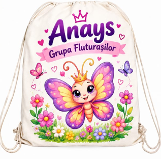 Săculeț personalizat cu fluturaș, flori, nume și grupă