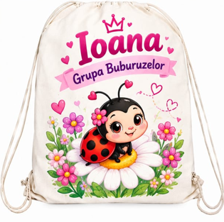 Săculeț personalizat cu buburuză, margaretă, nume și grupă
