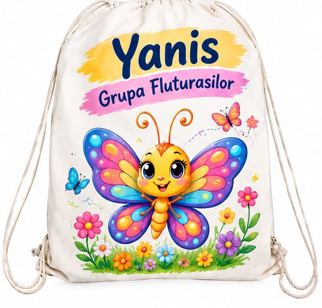 Săculeț personalizat cu fluturaș multicolor, nume și grupă