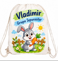 Săculeț personalizat cu iepuraș gri, morcov, nume și grupă