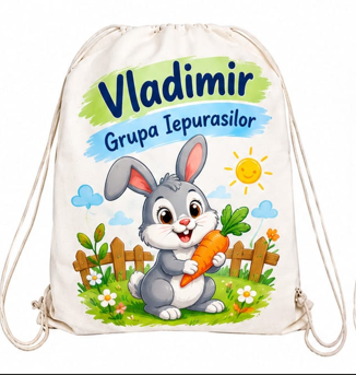 Săculeț personalizat cu iepuraș gri, morcov, nume și grupă