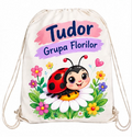 Săculeț personalizat cu buburuză pe margaretă, nume și Grupa Florilor