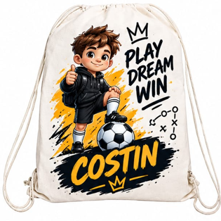 Săculeț personalizat cu băiețel fotbalist, Play Dream Win și nume