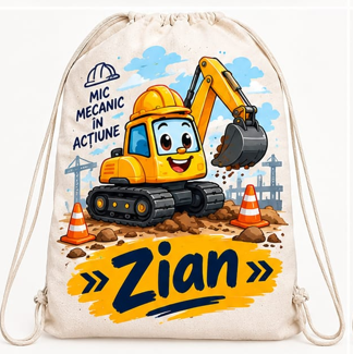 Săculeț personalizat cu excavator vesel, șantier și nume