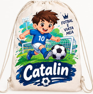 Săculeț personalizat cu fotbalist în albastru, Fotbal e viața mea și nume