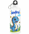 Bidon de apă personalizat cu dinozaur albastru și numele copilului, 500 ml