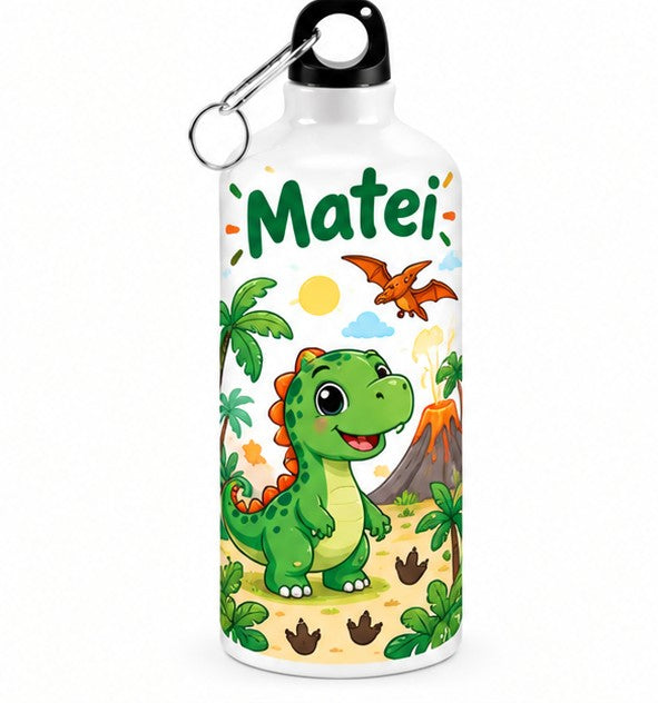 Bidon de apă personalizat cu dinozaur verde și numele copilului, 500 ml