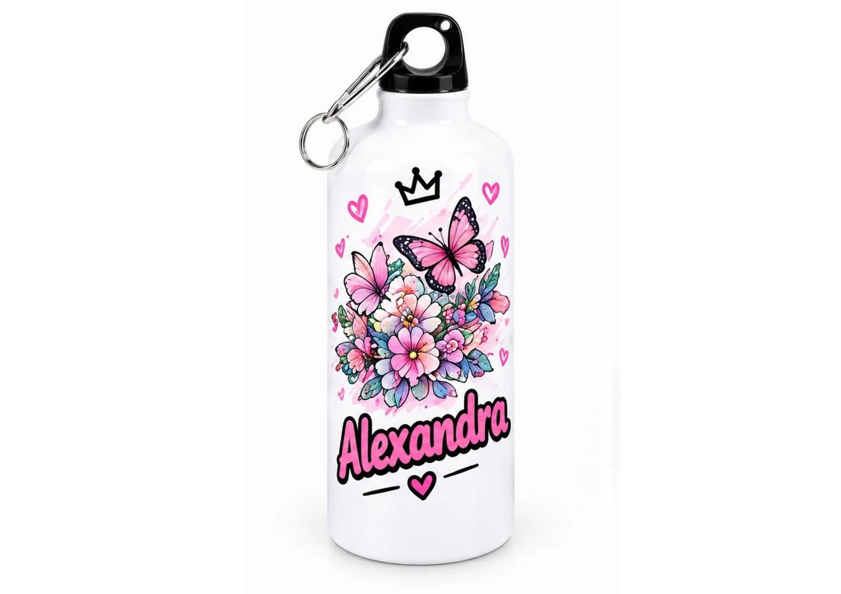 Bidon de apă personalizat cu fluturi roz, flori și nume, 500 ml