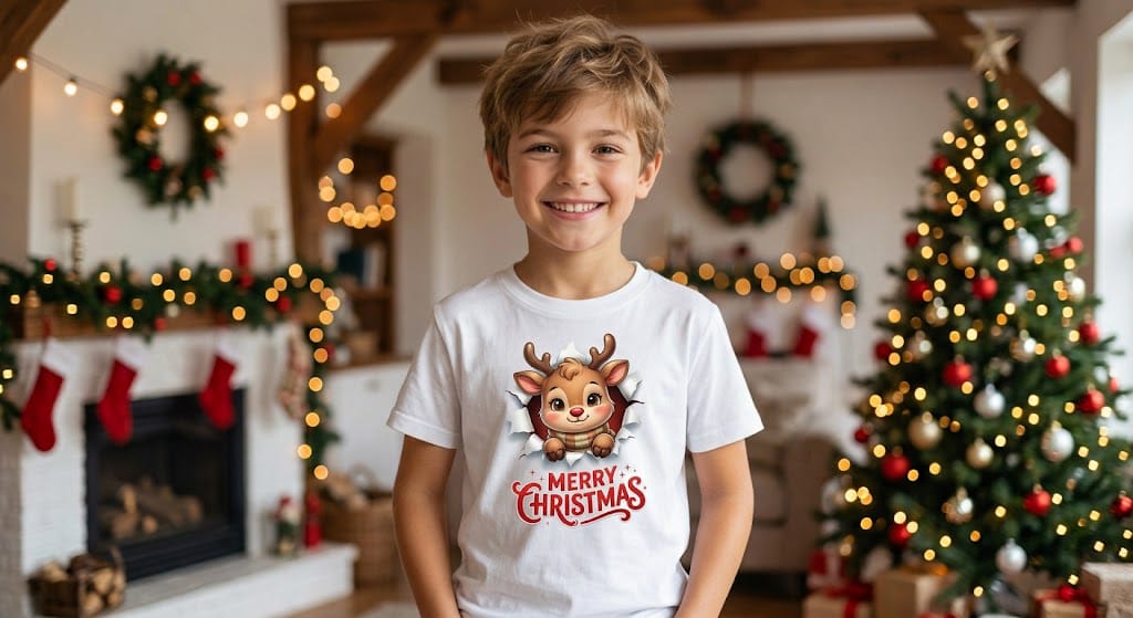 Tricou personalizat copii – Merry Christmas, pui de ren cu fular, prezentare băiat