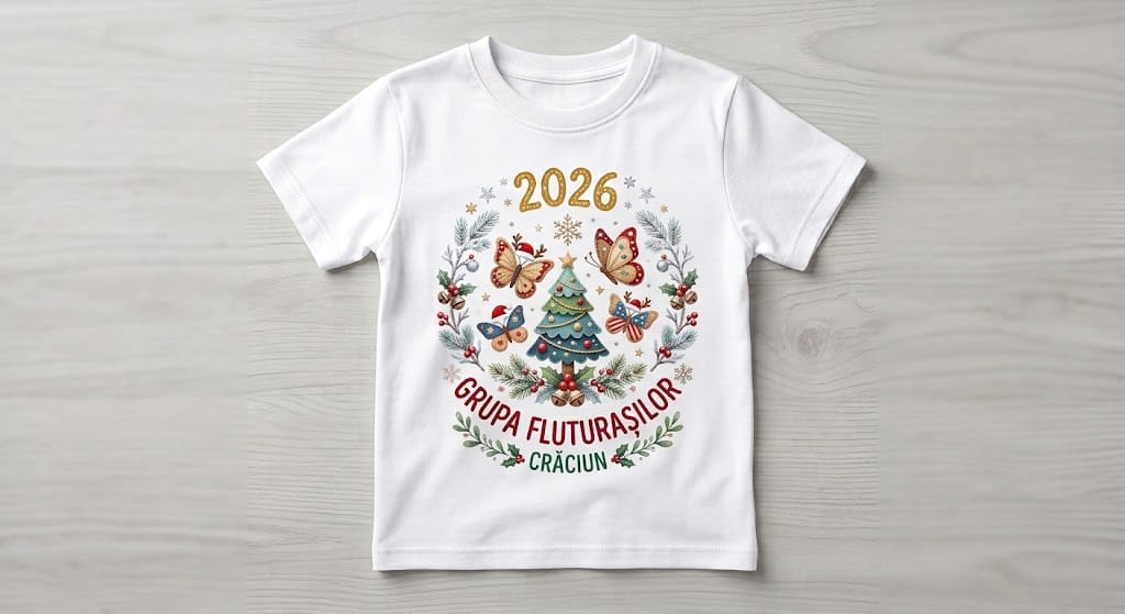 Tricou personalizat copii – Crăciun 2026, Grupa Fluturașilor, brad și fluturi colorați