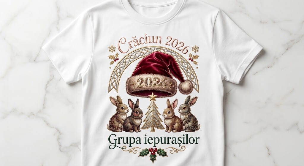 Tricou personalizat copii – Crăciun 2026, Grupa Iepurașilor, patru iepurași și căciulă bordo