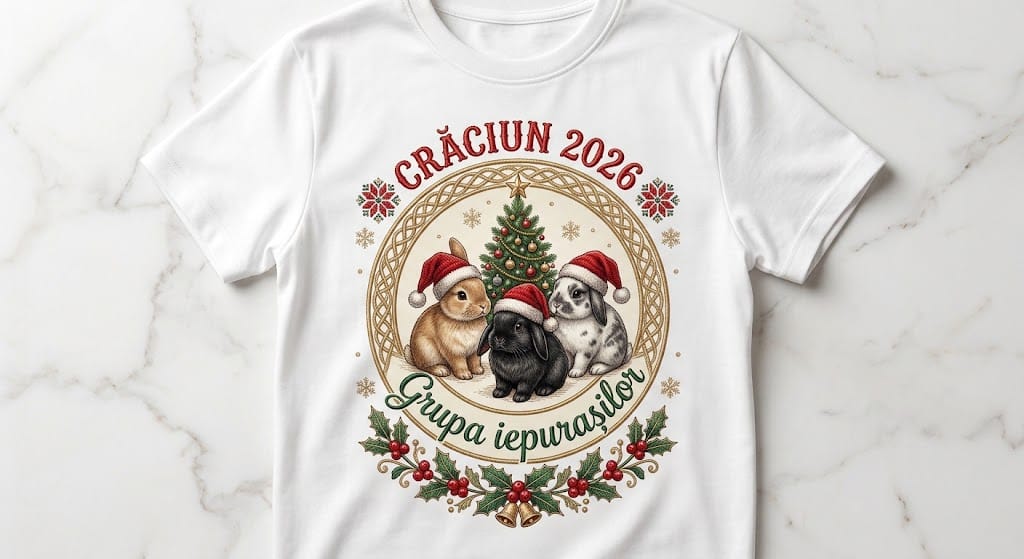 Tricou personalizat copii – Crăciun 2026, Grupa Iepurașilor, iepuraș negru și ramă aurie
