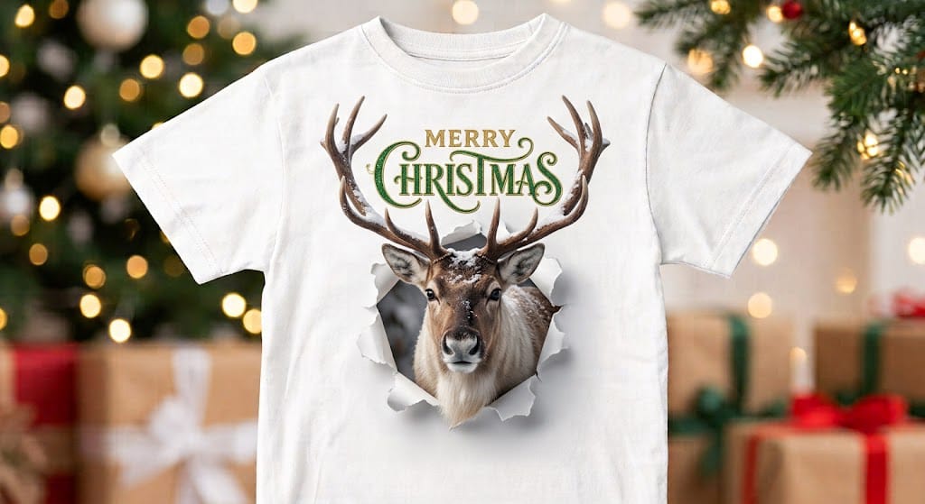 Tricou personalizat copii – Merry Christmas, ren cu efect de hârtie ruptă