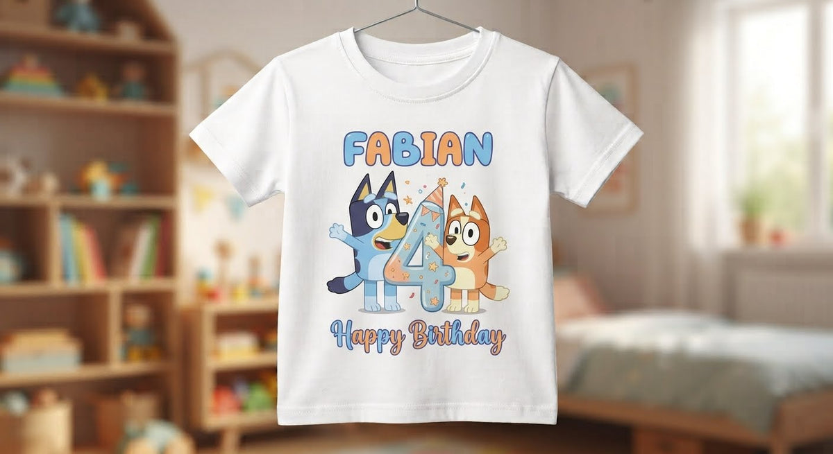 Tricou aniversar personalizat copii – Fabian, 4 ani, cățeluși și Happy Birthday