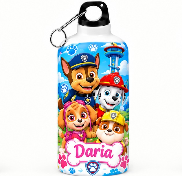 Bidon de apă personalizat cu Patrula Cățelușilor și numele copilului, 500 ml