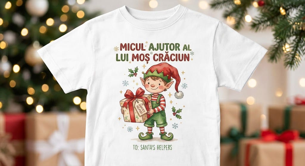 Tricou personalizat copii – Micul ajutor al lui Moș Crăciun, spiriduș cu cadou