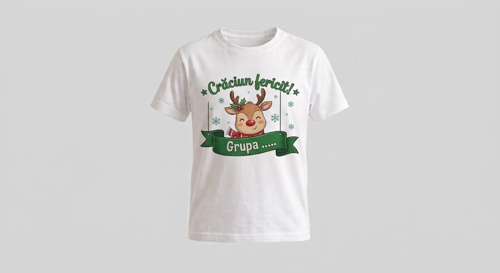 Tricou personalizat copii – Crăciun fericit, ren cu panglică verde pentru grupă