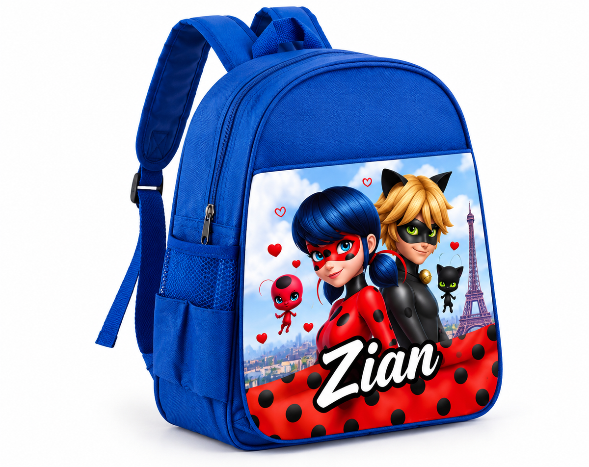 Ghiozdan albastru personalizat cu nume – Miraculous și Turnul Eiffel