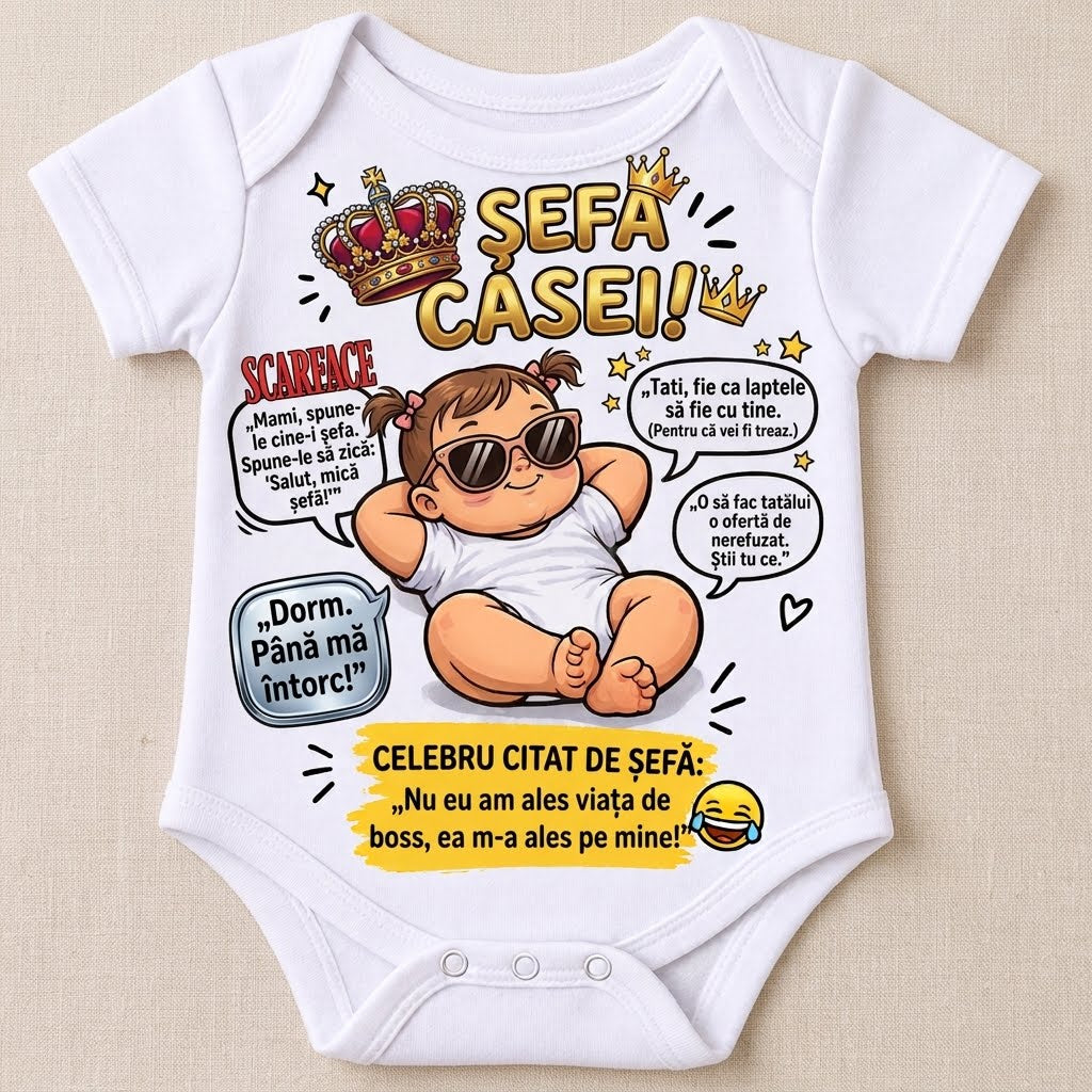 Body personalizat – Șefa casei, ochelari de soare și coronițe