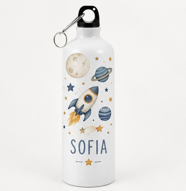 Bidon de apă personalizat cu rachetă, planete și numele copilului, 500 ml