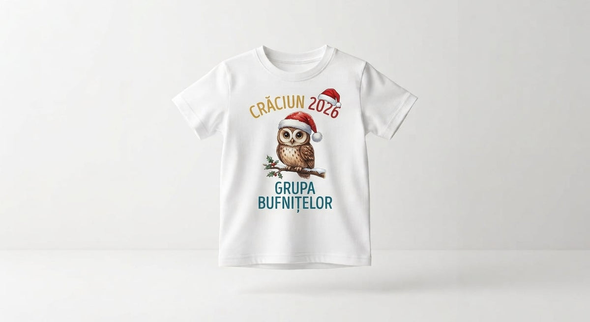 Tricou personalizat copii – Crăciun 2026, Grupa Bufnițelor