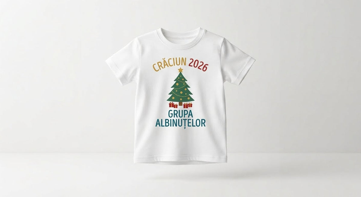Tricou personalizat copii – Crăciun 2026, Grupa Albinuțelor, brad și cadouri