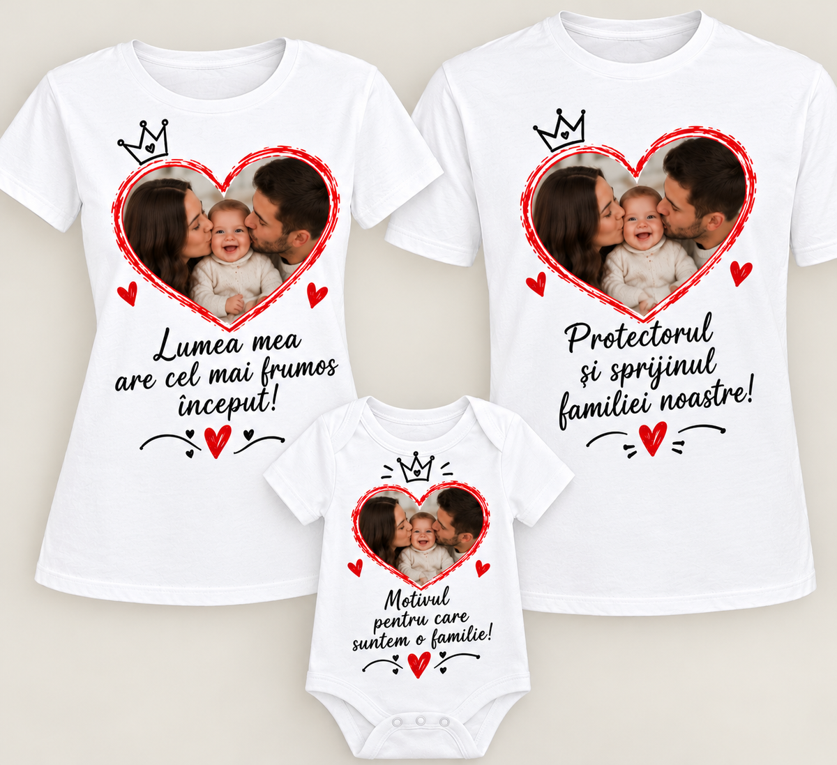 Set familie 2 tricouri și body cu fotografie – Cel mai frumos început