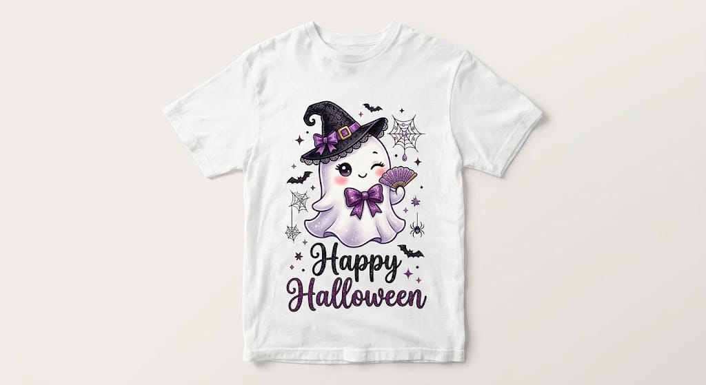 Tricou personalizat copii – Happy Halloween, fantomiță cu fundiță mov