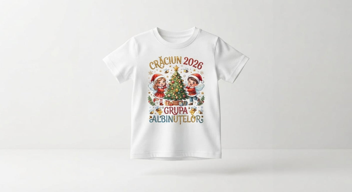 Tricou personalizat copii – Crăciun 2026, Grupa Albinuțelor, personaje lângă brad