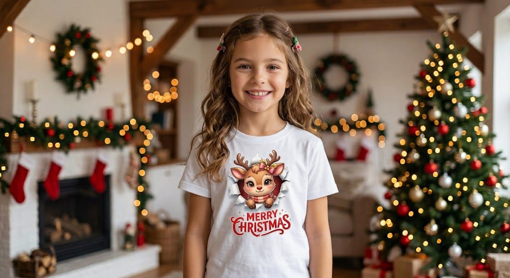 Tricou personalizat copii – Merry Christmas, pui de ren cu fular