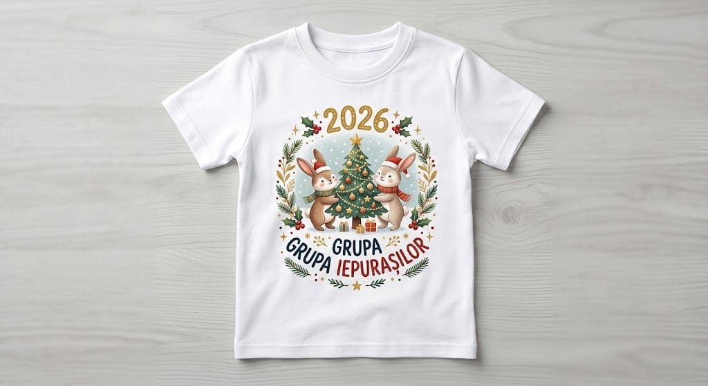 Tricou personalizat copii – Crăciun 2026, Grupa Iepurașilor, iepurași lângă brad