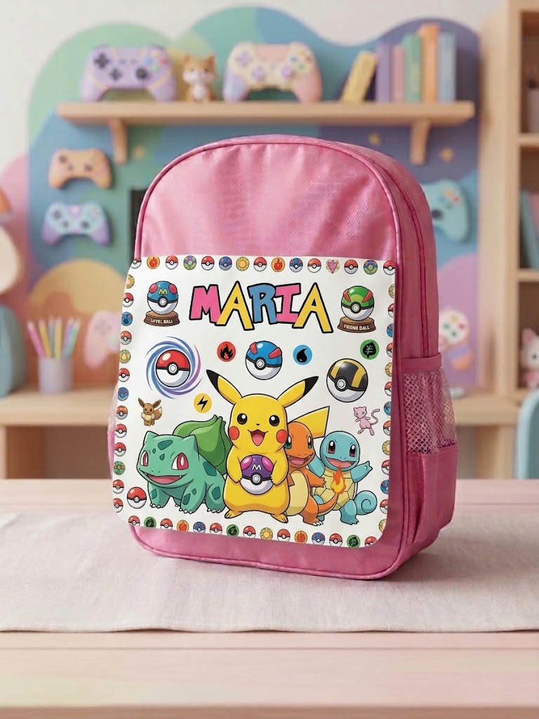Ghiozdan roz personalizat cu nume – Pokémon cu Pikachu și chenar Poké Ball