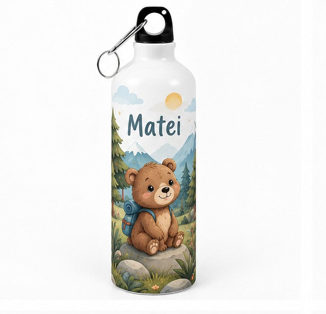 Bidon de apă personalizat cu ursuleț explorator și numele copilului, 500 ml