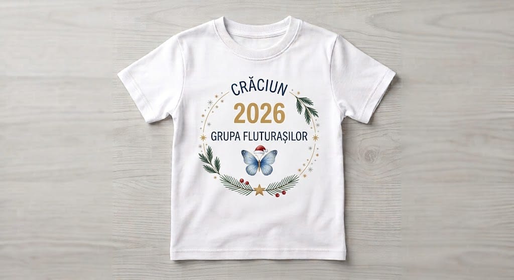 Tricou personalizat copii – Crăciun 2026, Grupa Fluturașilor, coroniță fină