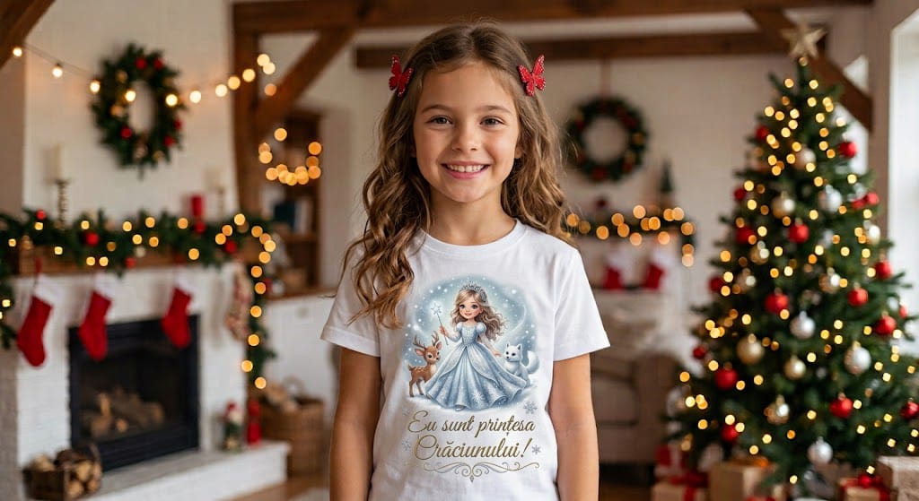 Tricou personalizat copii – Eu sunt prințesa Crăciunului, rochie bleu