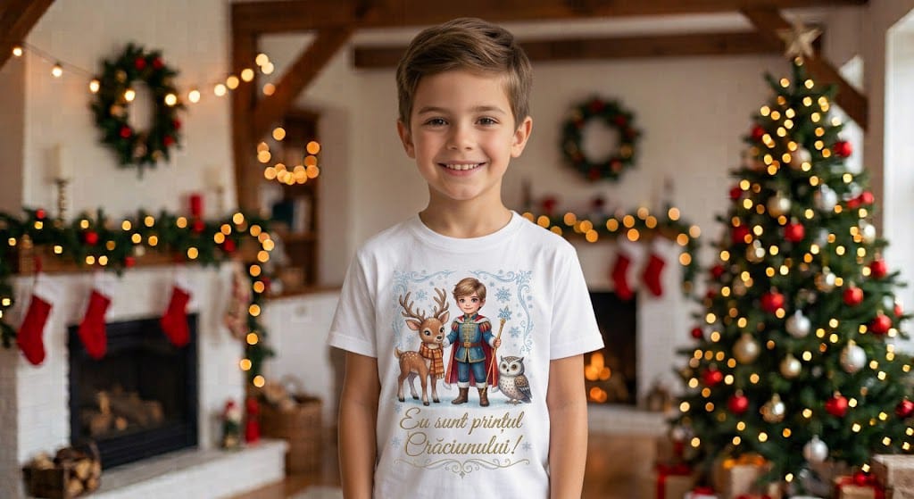 Tricou personalizat copii – Eu sunt prințul Crăciunului, ren și bufniță