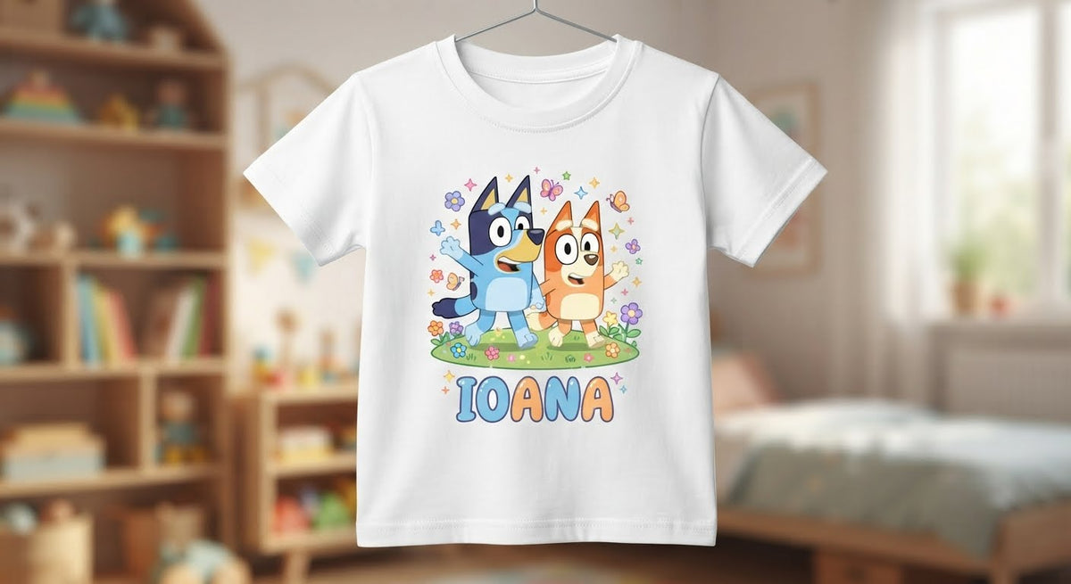 Tricou personalizat copii cu nume – Ioana, cățeluși cu flori și fluturi