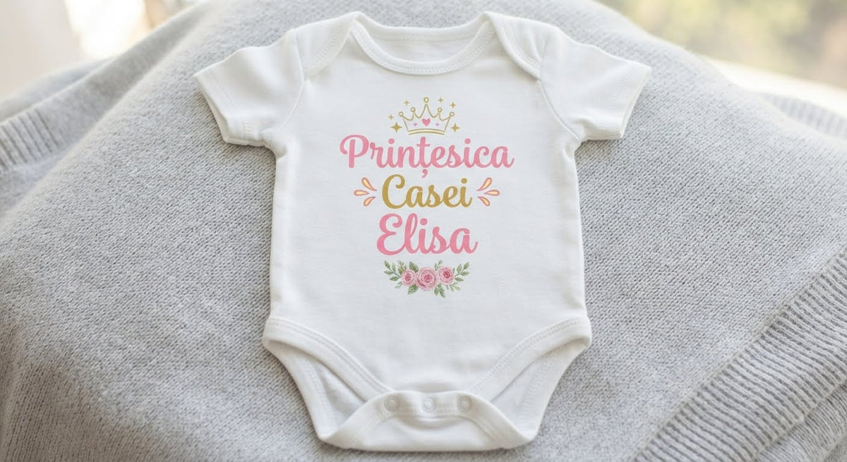 Body personalizat Prințesica Casei Elisa – Coroniță și flori roz
