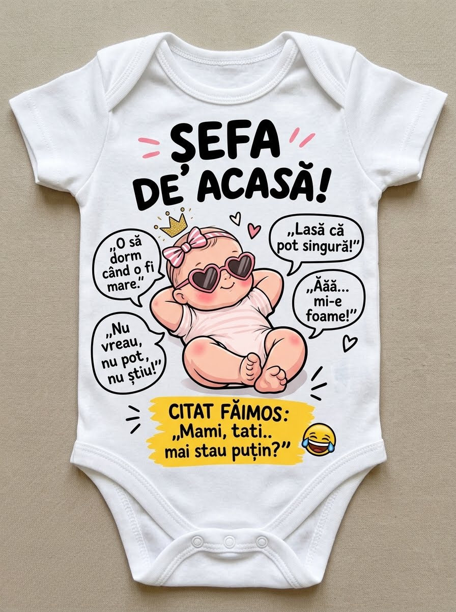 Body personalizat Șefa de acasă – Fundiță roz și replici amuzante