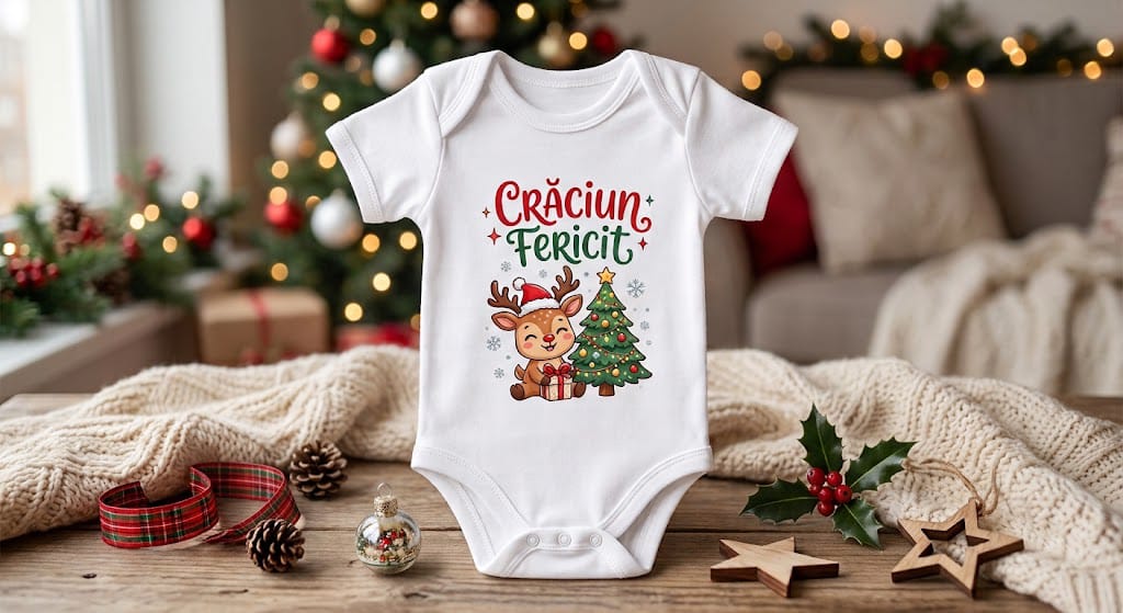 Body Crăciun Fericit – Ren cu cadou și brad împodobit