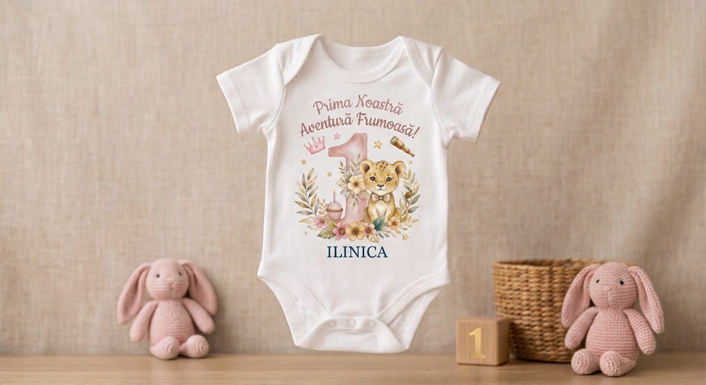 Body personalizat 1 an – Ilinca, pui de leu și flori