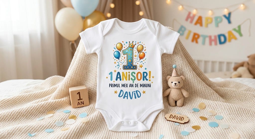 Body personalizat 1 an – David, coroană și baloane