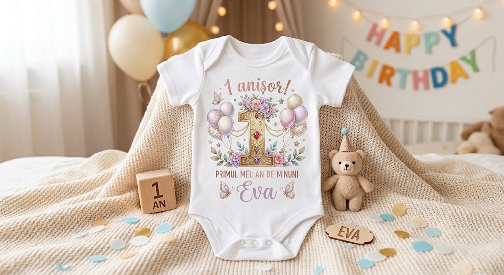 Body personalizat 1 an – Eva, flori, baloane și fluturi