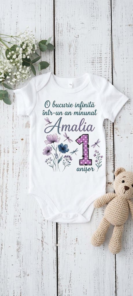 Body personalizat 1 an – Amalia, flori și libelule